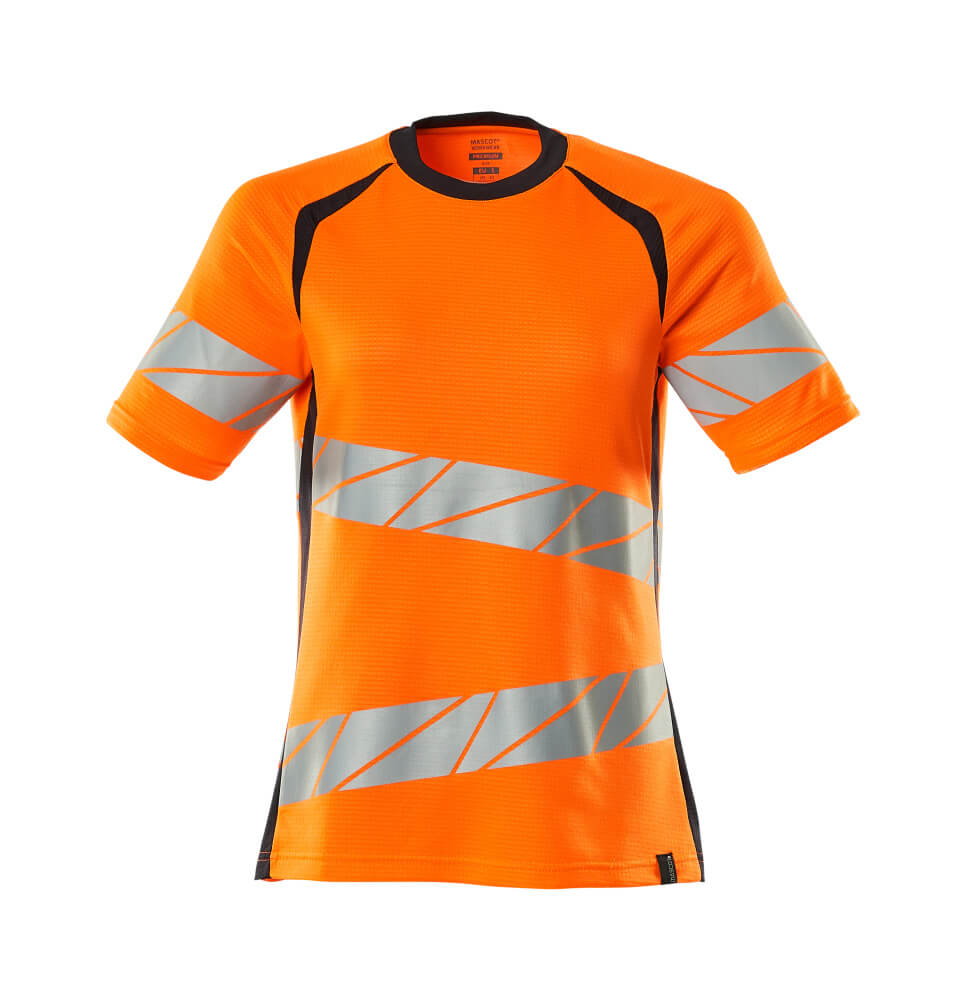 MASCOT® ACCELERATE SAFE T-Shirt für Damen in fluoreszierendem Orange mit schräg verlaufenden Reflexstreifen, moderner taillierter Schnitt für hohe Sichtbarkeit bei der Arbeit