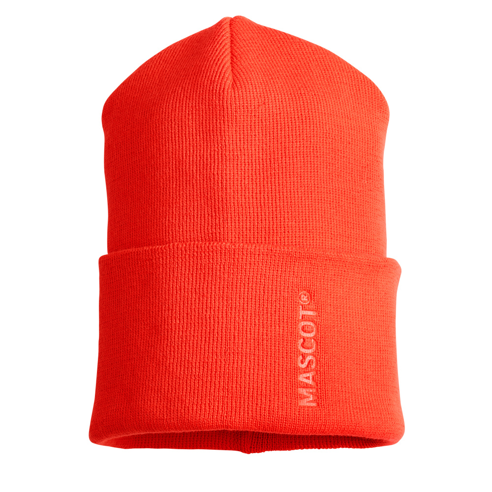 MASCOT® COMPLETE Strickmütze in Hi-vis Rot, wärmende Signal-Strickmütze ONE Size mit Umschlag und MASCOT Logo, ideal als Zubehör für Arbeitsschutz und Outdoor