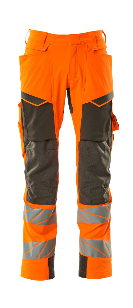 MASCOT® ACCELERATE SAFE Hose mit Knietaschen, zweifarbige Warnschutz-Arbeitshose in Hi-vis Orange/Schwarzblau mit Reflexstreifen, Modell 82C46
