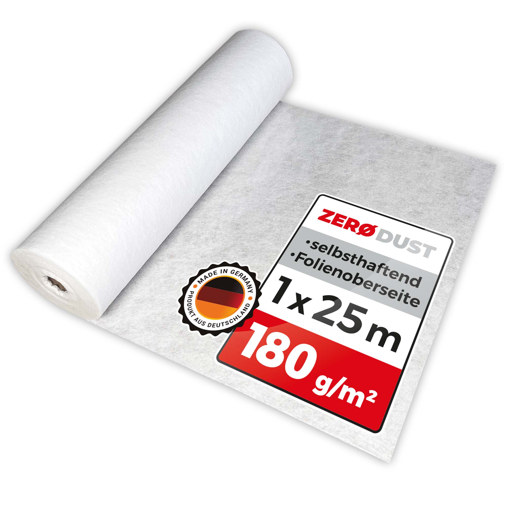 ZERODUST Staubschutzvlies auf Rolle, selbsthaftend mit Folienoberseite, 1 x 25 m, 180 g/m², Made in Germany für Abdeck- und Schutzarbeiten