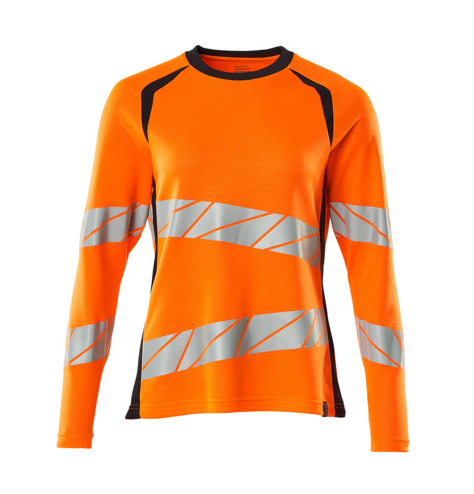 MASCOT® ACCELERATE SAFE Damen-Langarmshirt in fluoreszierendem Hi-vis Orange mit elastischen, schrägen Reflexstreifen, zweifarbig mit Schwarzblau, moderne taillierte Passform für Warnschutz
