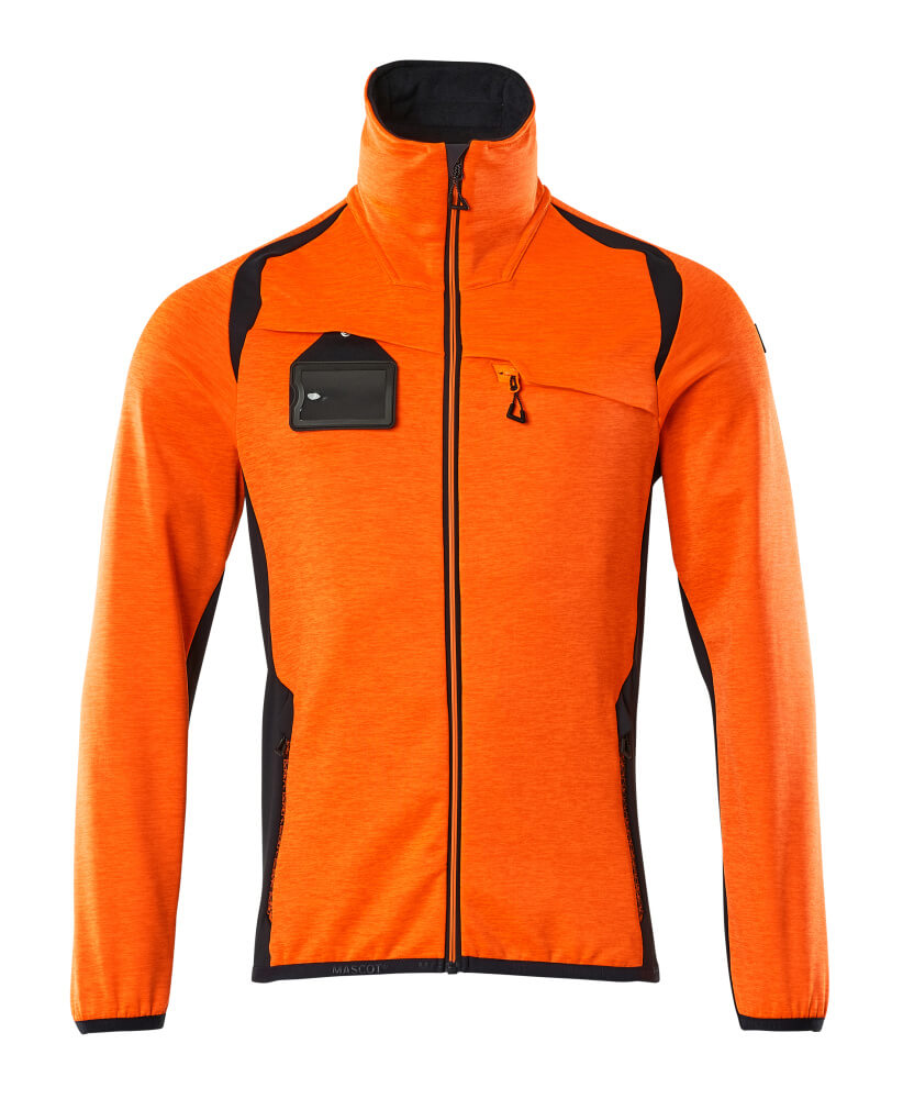 MASCOT® ACCELERATE SAFE Fleecejacke in Hi-vis Orange/Schwarzblau, moderne körpernahe Warnschutzjacke mit Stehkragen, Reißverschluss, Brust- und Vordertaschen, abnehmbarem ID-Kartenhalter und elastischen Bündchen