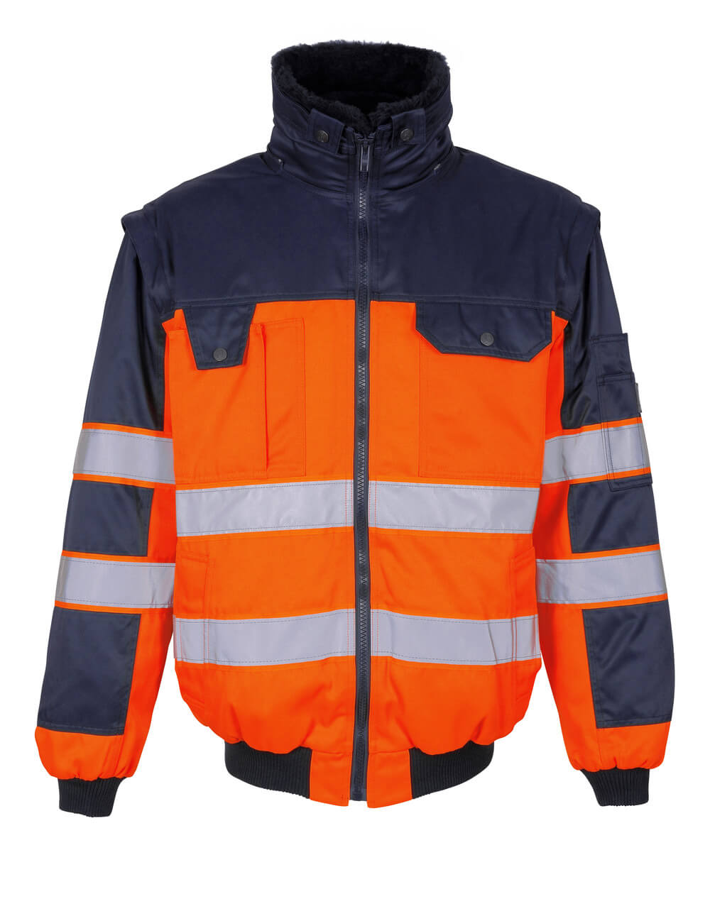 MASCOT® Livigno SAFE IMAGE Pilotjacke in fluoreszierendem Orange/Marine mit Reflexstreifen, herausnehmbarem Kunstpelzfutter, abnehmbarem Kragen und Ärmeln