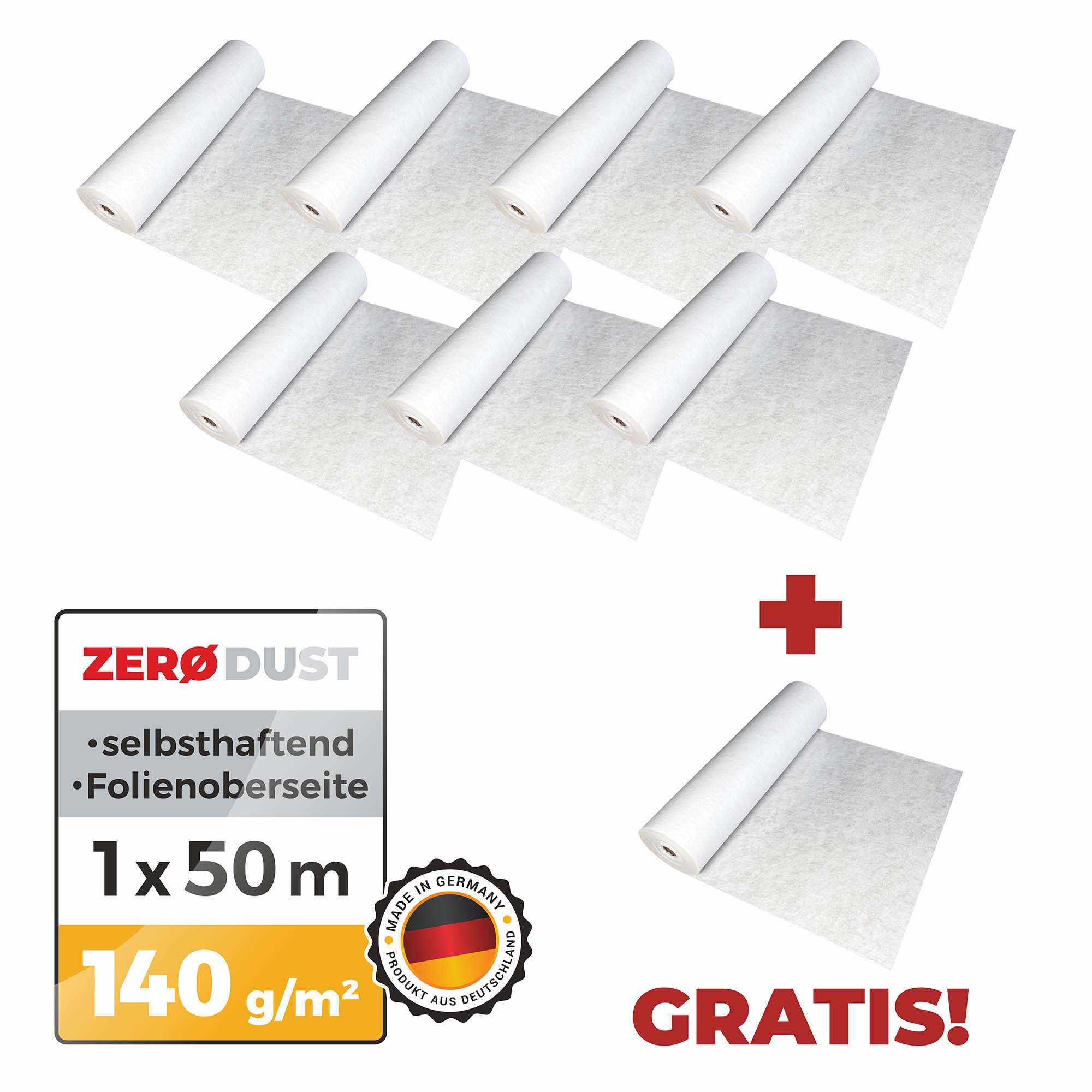 Zero Dust Aktions-Set TreppTurbo Boden- und Treppenschutzvlies selbsthaftend, 10 Rollen + 2 gratis, 0,65 x 25 m, 140 g/m², Schutzvlies für Böden, Treppen und Laufwege mit Folienoberseite