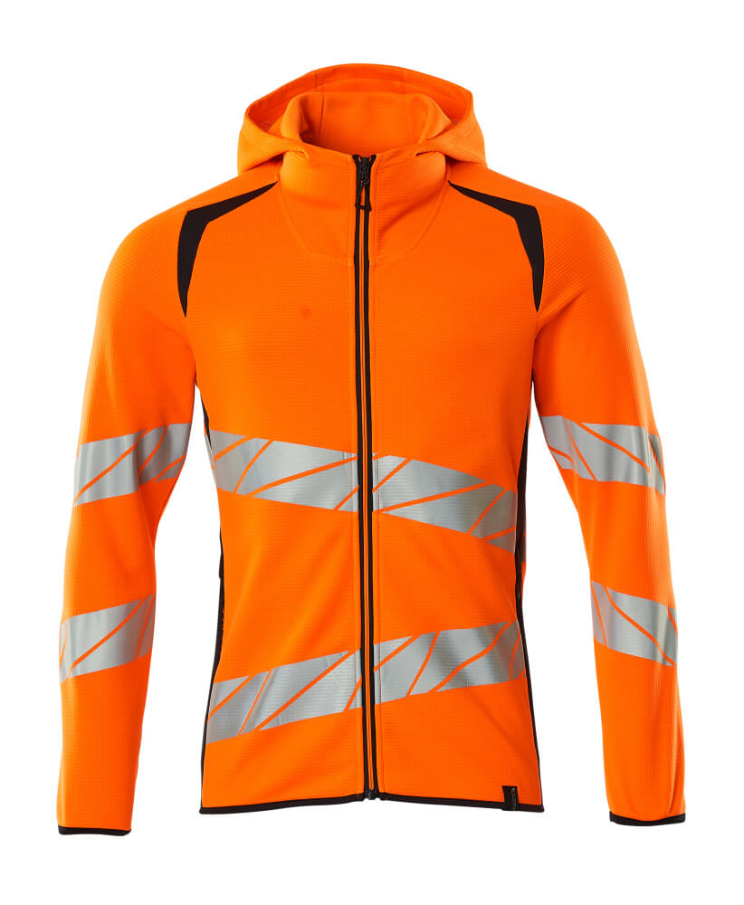 MASCOT® ACCELERATE SAFE Kapuzenpullover mit Reißverschluss in Hi-Vis Orange/Schwarzblau, moderne Passform, elastische Reflexstreifen, Vorderansicht in Größe 2XL