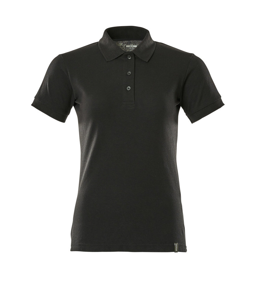 Vorderansicht eines schwarzen Damen Poloshirts mit kurzen Ärmeln, Kragen und vier Knöpfen