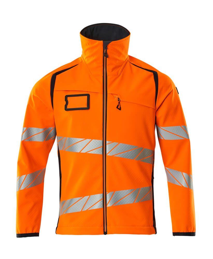 Fluoreszierende MASCOT® ACCELERATE SAFE Softshelljacke in Orange/Schwarzblau 2XL mit schrägen Reflexstreifen, Stehkragen, Reißverschlusstaschen und regulierbarem Gummizug