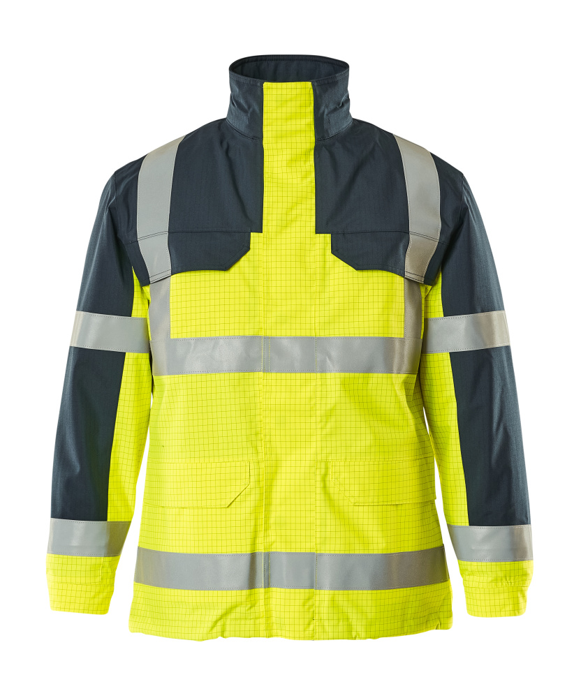 Vorderansicht des MASCOT® Lungern MULTISAFE Parka in fluoreszierendem Gelb/Marine mit Reflexstreifen, antistatisch, flammhemmend, wind- und wasserdicht