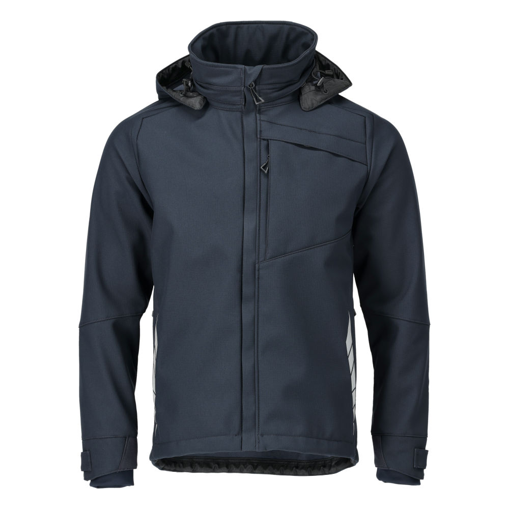 MASCOT® Blackpool HARDWEAR Softshelljacke in Schwarzblau, atmungsaktiv, winddicht, wasserabweisend, mit abnehmbarer Kapuze, Reißverschluss und verlängerter Rückenpartie