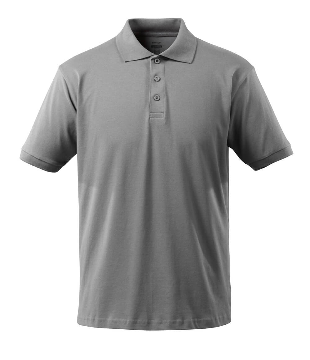 Ansicht eines grauen Herren-Poloshirts mit klassischem Kragen, kurzer Knopfleiste und kurzen Ärmeln auf weißem Hintergrund