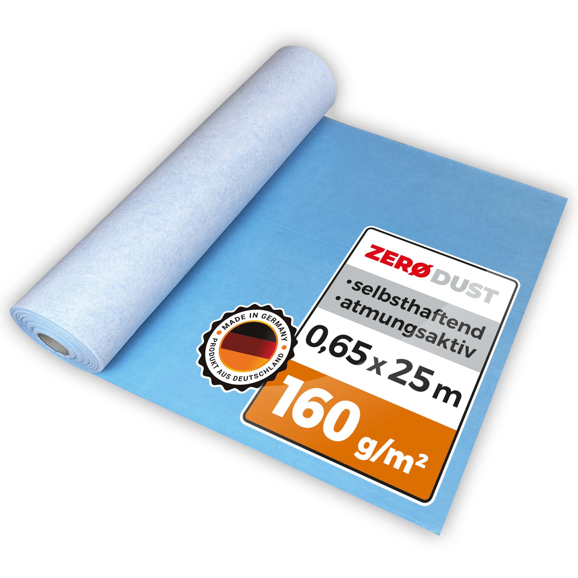 Rolle Abdeckvlies selbsthaftend und atmungsaktiv 0,65 m x 25 m mit Membrane 160 g/m² AktivTurbo in Blau, staubdichtes Bodenschutzvlies Made in Germany