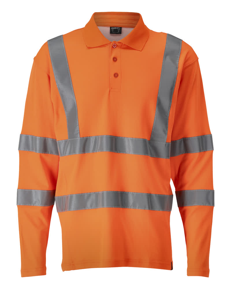 MASCOT® SAFE CLASSIC Langarm-Polo-Shirt in fluoreszierendem Orange mit waagerechten und senkrechten Reflexstreifen für hohe Sichtbarkeit und Tragekomfort