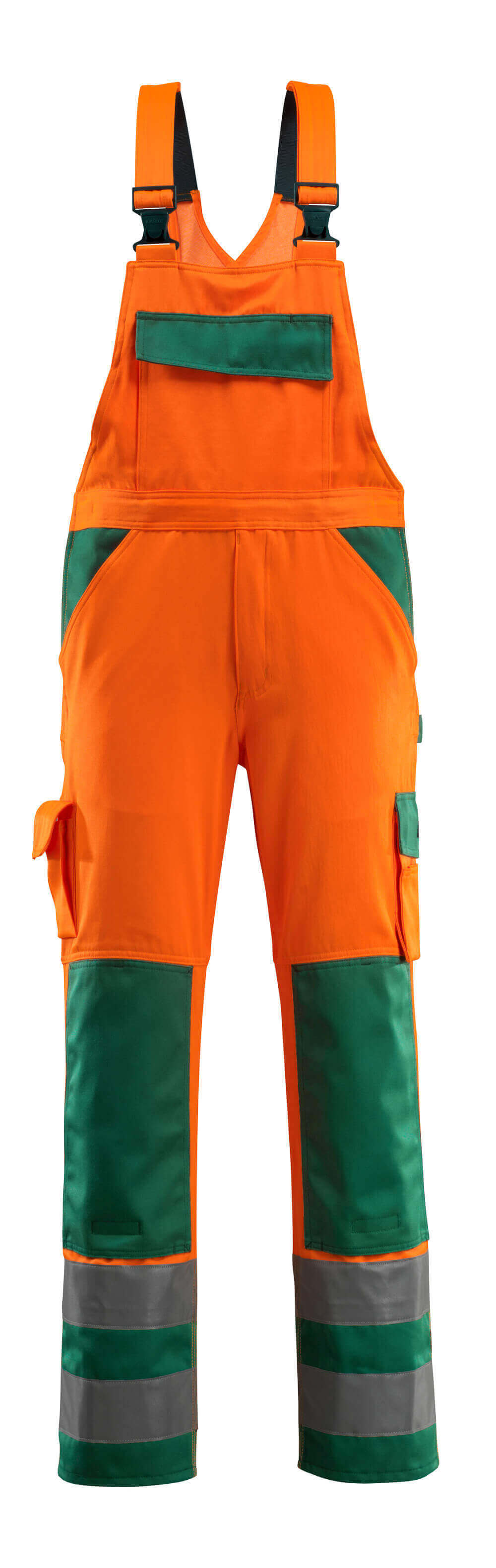 MASCOT® Barras SAFE COMPETE Latzhose mit Knietaschen, zweifarbige Warnschutzhose in Hi-Vis Orange/Kornblau mit Reflexstreifen und Funktionstaschen, Größe 82C56