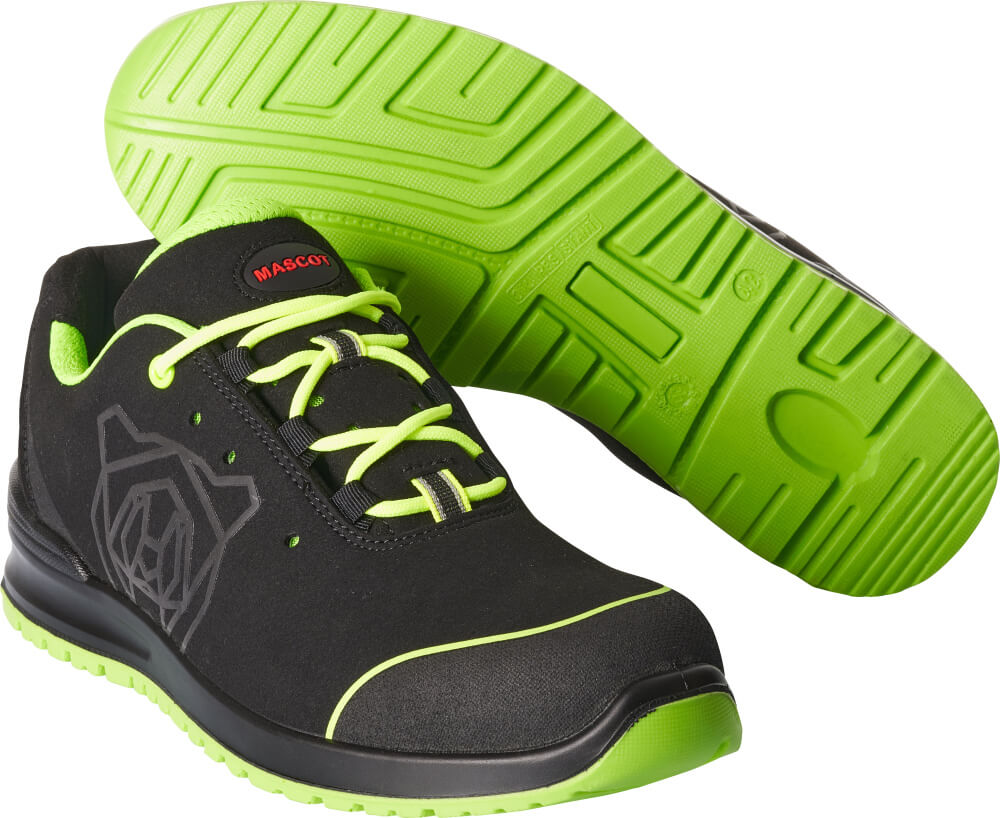 MASCOT® FOOTWEAR CLASSIC Sicherheitsschuhe in Schwarz/Limonengrün, Größe 35, mit rutschhemmender Sohle und Zehenschutzkappe