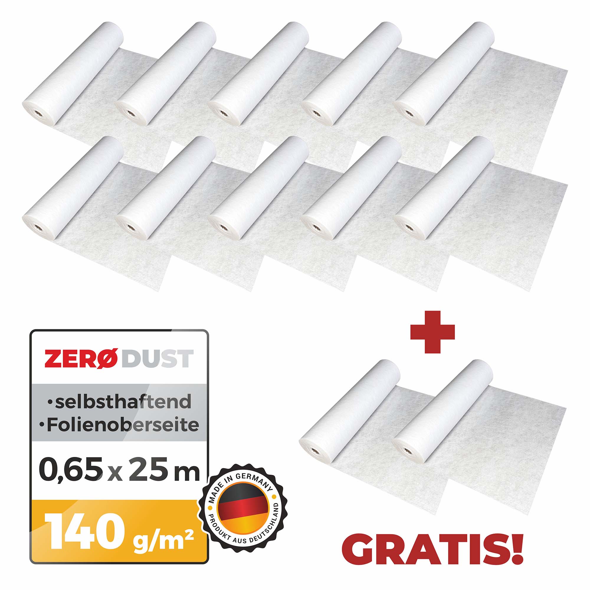 Zero Dust Aktions-Set TreppTurbo Boden- und Treppenschutzvlies, selbsthaftend, 10 Rollen + 2 gratis, 0,65 x 25 m, 140 g/m², mit Folienoberseite für Böden, Treppen und Laufwege