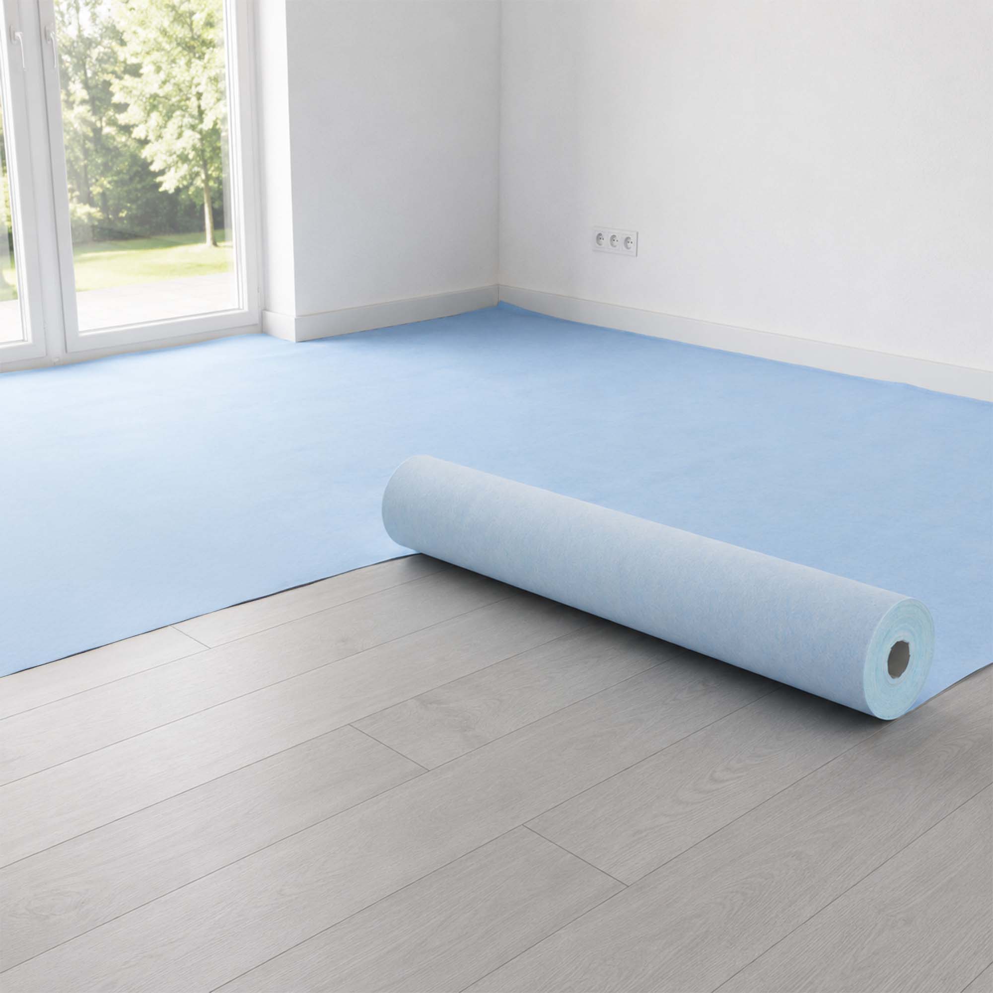 Zero Dust AktivDefend selbsthaftendes, atmungsaktives Abdeckvlies 160 g/m² als Bodenschutz auf frisch verlegtem Boden im Raum ausgerollt, dampfoffen und flüssigkeitsdicht