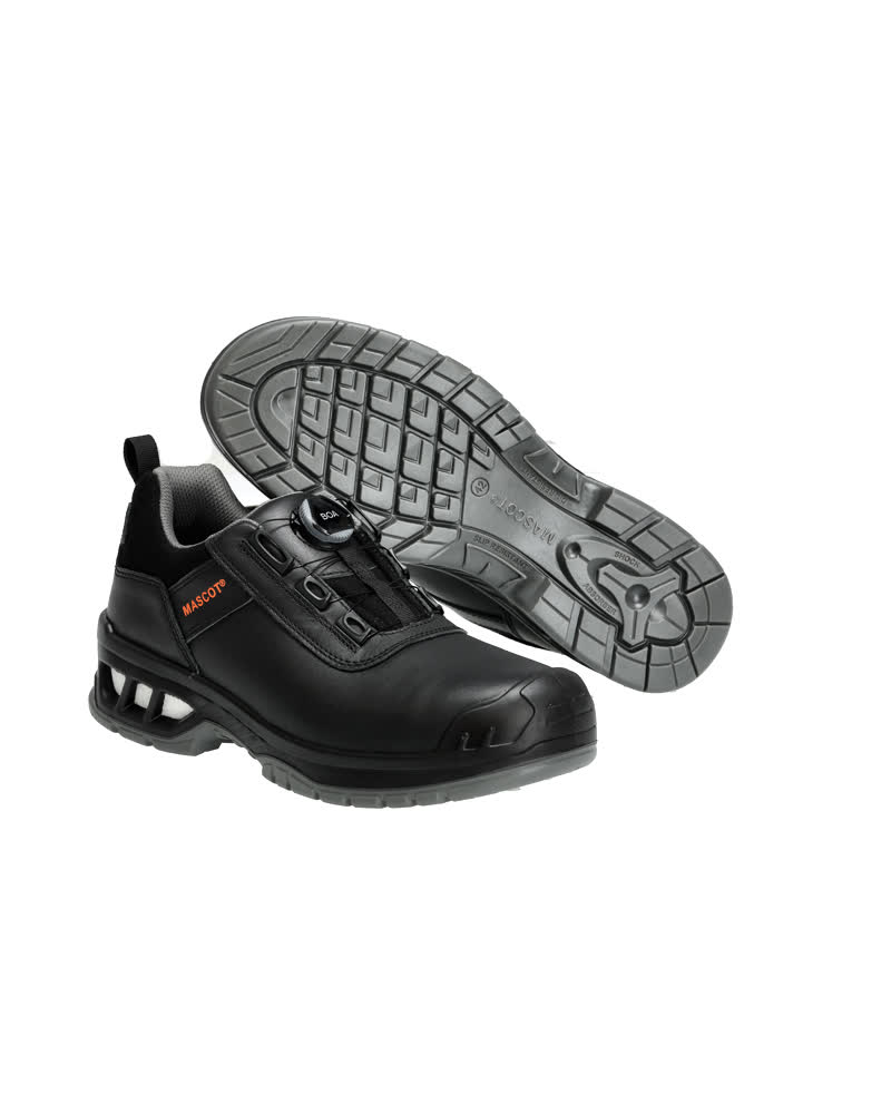 MASCOT® FOOTWEAR ENERGY Sicherheitsschuhe in Schwarz, flacher Lederschuh mit BOA® Fit System, Komposit-Zehenschutzkappe, MASCOLAYER® Nageldurchtrittschutz und rutschfester, hitzebeständiger PU/PU-Sohle
