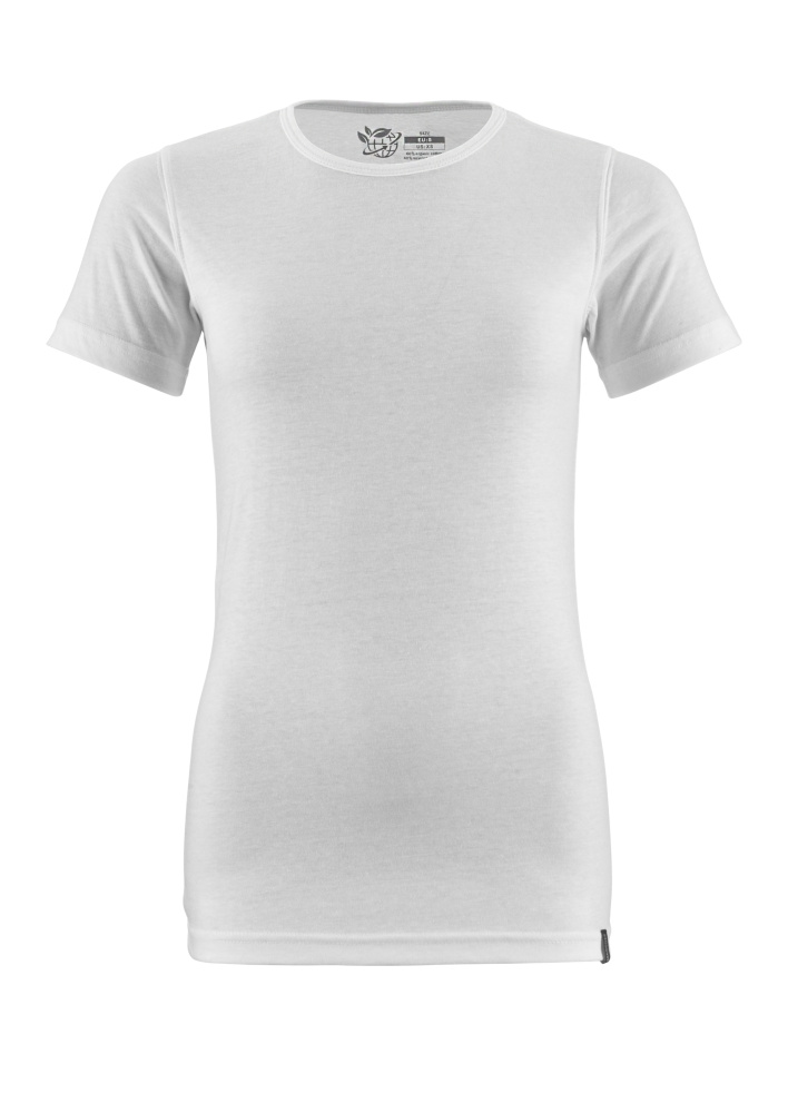 Vorderansicht eines weißen Damen T-Shirts mit Rundhalsausschnitt und kurzen Ärmeln auf neutralem Hintergrund