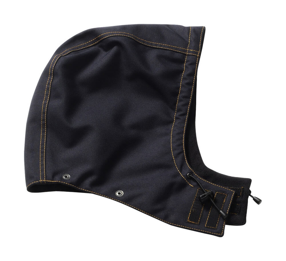 Schwarzblaue MASCOT® MacNeal COMPLETE Kapuze aus atmungsaktivem, wind- und wasserdichtem MASCOTEX® mit Fleecefutter, Gummizug, Klettverschluss am Kinn und Druckknöpfen als Zubehör für Arbeitskleidung