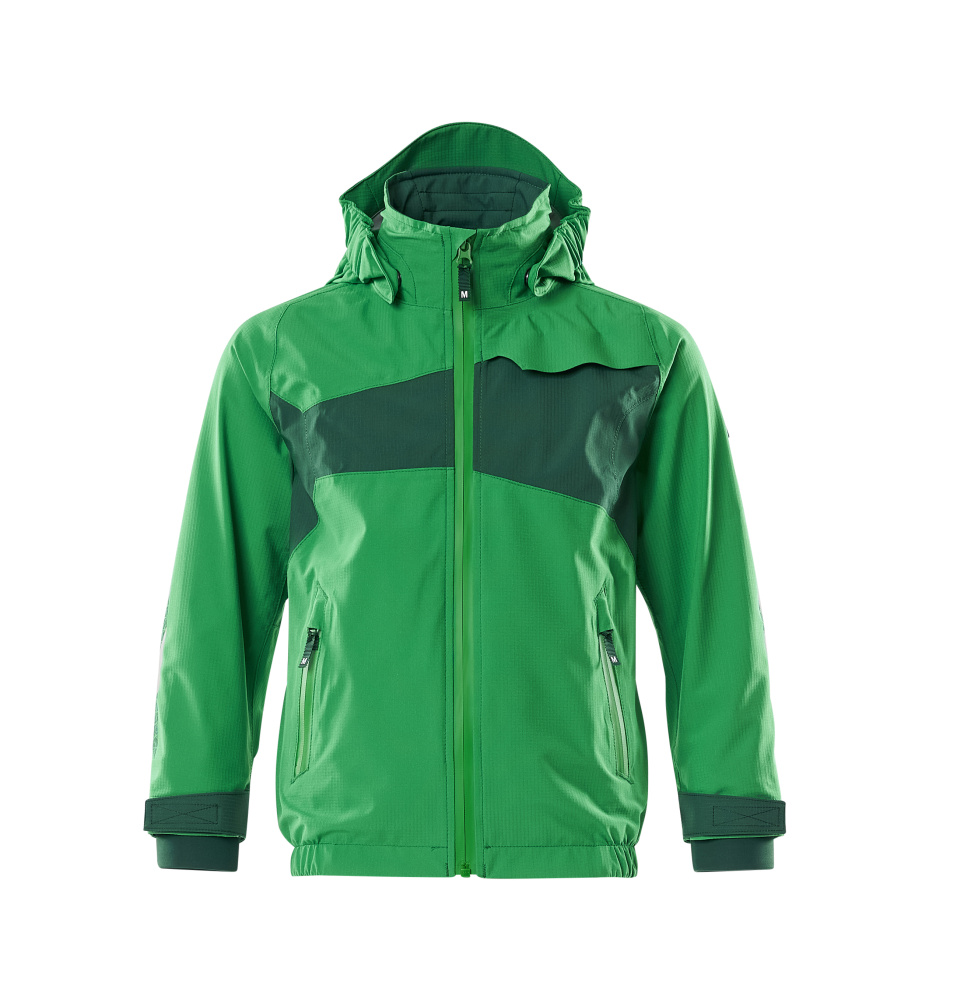 Frontansicht der MASCOT® ACCELERATE Hardshelljacke für Kinder in Azurblau/Schwarzblau, wasserdichte Outdoorjacke mit Kapuze und Reißverschlusstaschen, Größe 128