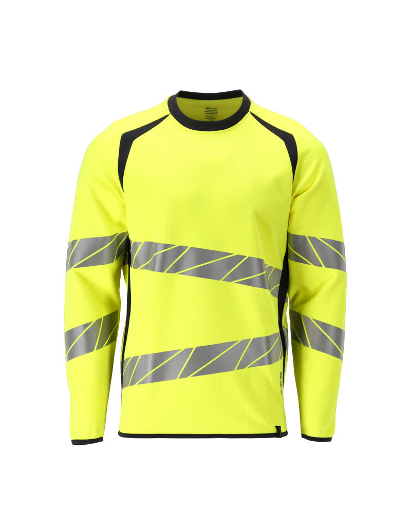 Zweifarbiges MASCOT® ACCELERATE MULTISAFE Sweatshirt in fluoreszierendem Gelb/Schwarzblau, mit schrägen Reflexstreifen, antistatisch, flammhemmend und für Lichtbogenschutz
