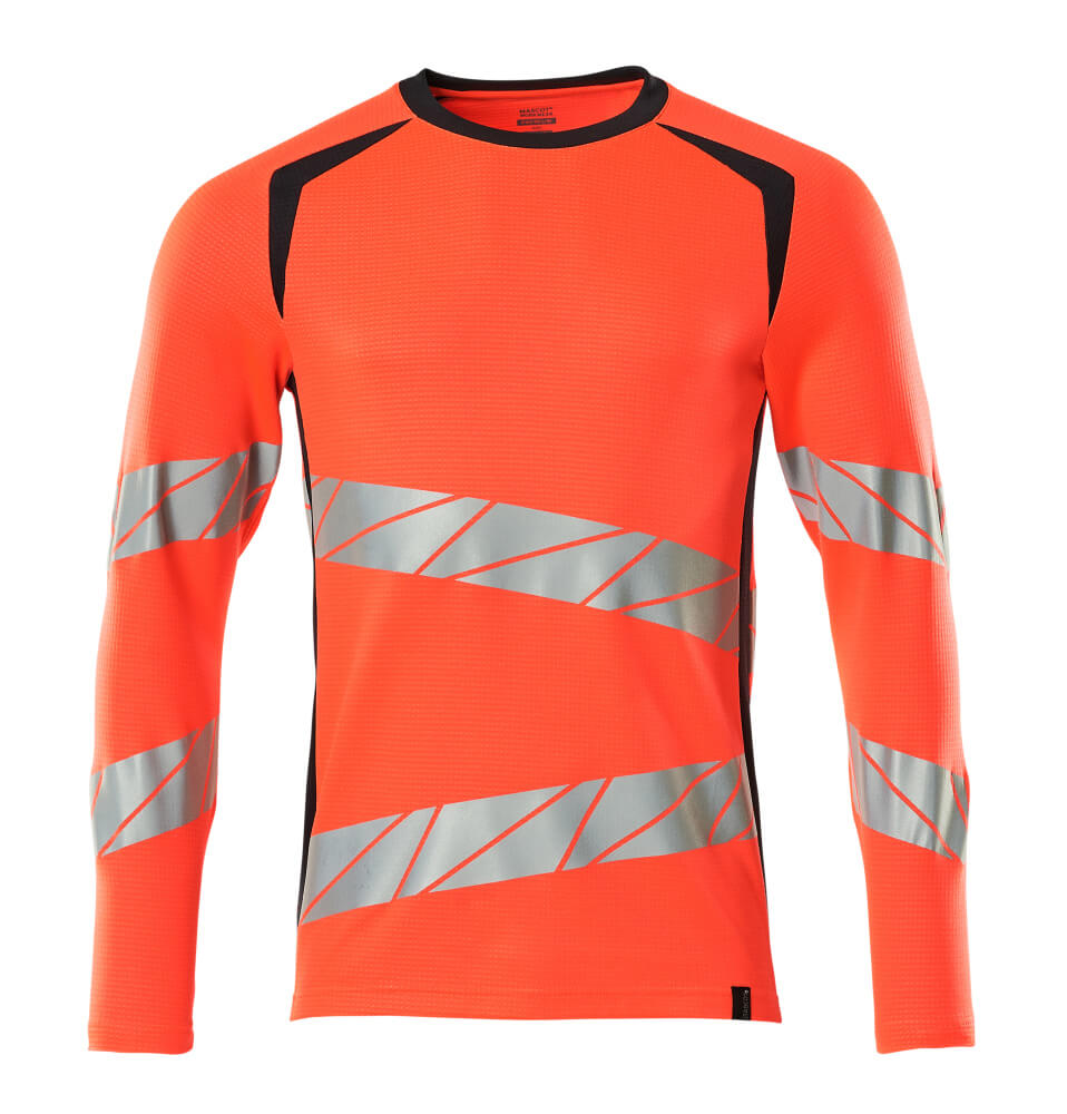 MASCOT® ACCELERATE SAFE Langarmshirt in fluoreszierendem Rot mit schrägen Reflexstreifen und schwarzen Einsätzen, zweifarbige Warnschutzbekleidung Hi-Vis, Größe 2XL