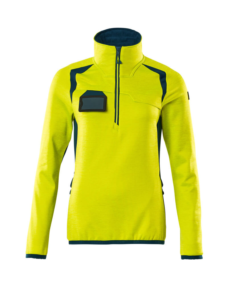 MASCOT® ACCELERATE SAFE Fleecejacke mit kurzem Reißverschluss, zweifarbige Warnschutzjacke in Damenpassform in Hi-Vis Gelb/Dunkelpetroleum, Größe 2XL, Vorderansicht