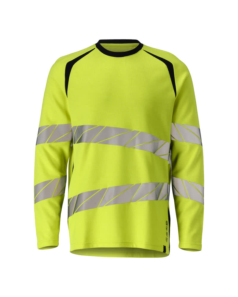 Zweifarbiges MASCOT® ACCELERATE MULTISAFE Langarmshirt in fluoreszierendem Gelb mit schrägen Reflexstreifen, antistatisch, flammhemmend, Schutz bei Lichtbögen und UV-Strahlung