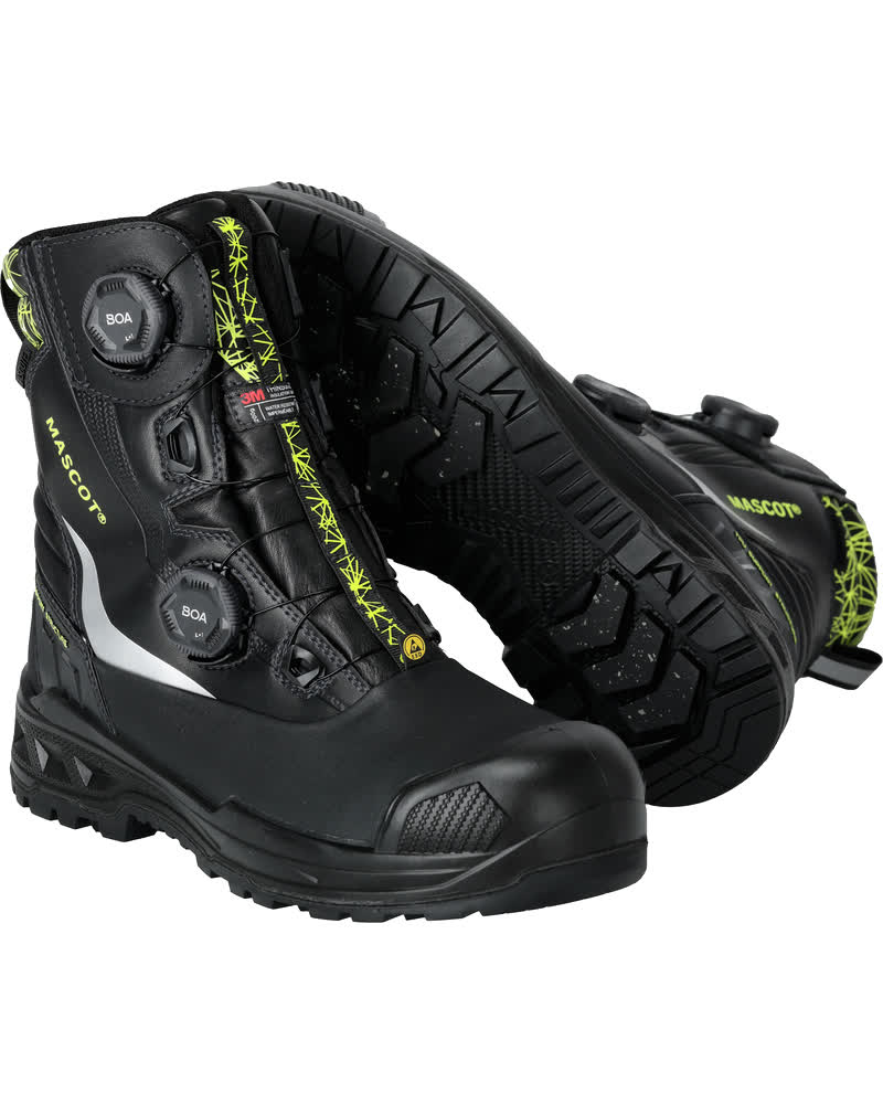 MASCOT® FOOTWEAR INDUSTRY Sicherheitsstiefel in Schwarz mit BOA® Drehverschluss, flammhemmendem Obermaterial, Komposit-Zehenkappe, Textil-Nageldurchtrittschutz und robuster Gummilaufsohle