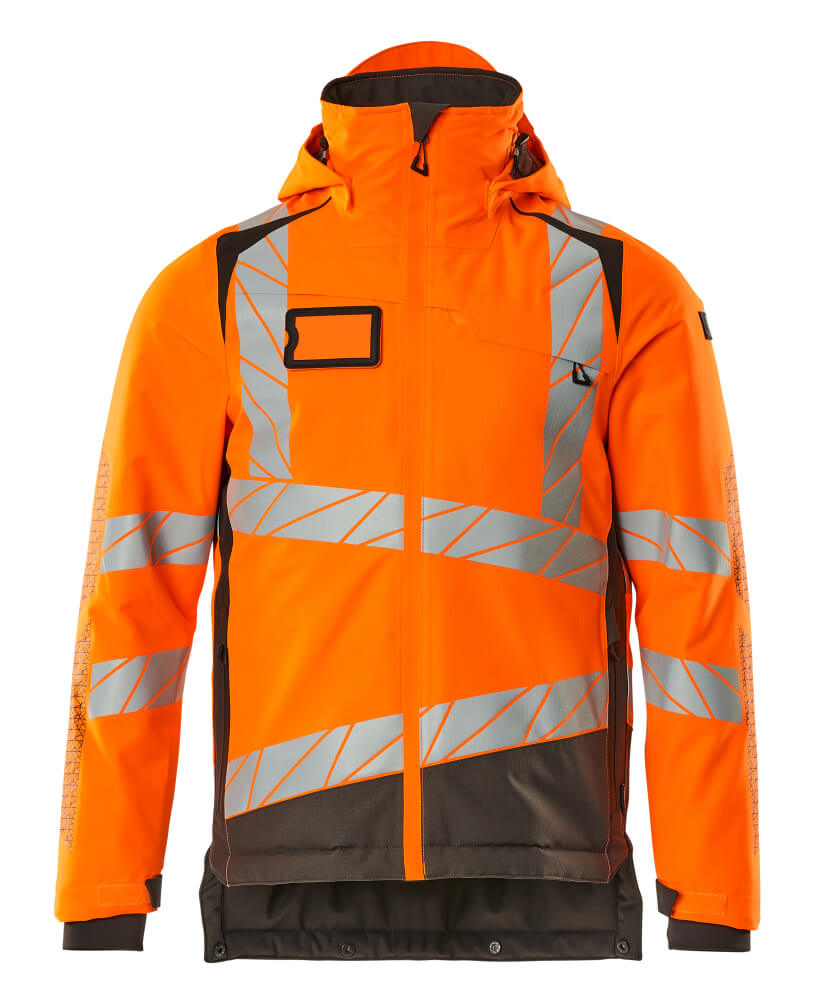 Vorderansicht der MASCOT® ACCELERATE SAFE Winterjacke in Hi-vis Orange/Dunkelanthrazit, Größe 2XL, mit reflektierenden Streifen für hohe Sichtbarkeit im Wintereinsatz