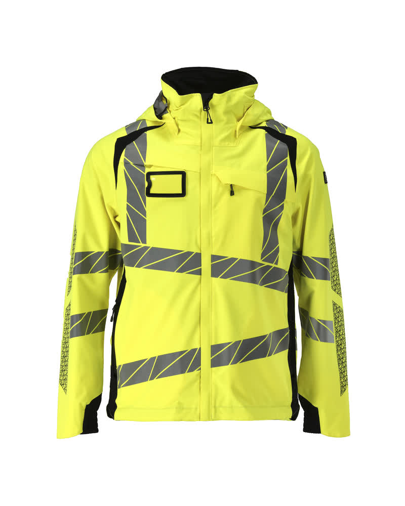 Frontansicht der MASCOT® ACCELERATE SAFE Hardshelljacke in zweifarbigem Hi-Vis Gelb/Schwarz in Größe 2XL mit reflektierenden Streifen für hohen Warnschutz im Winter