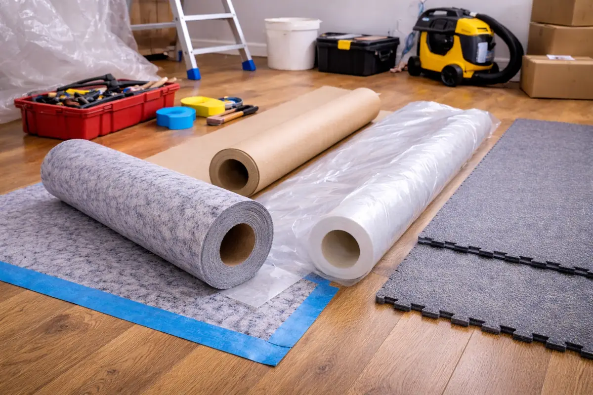 Mehrere Rollen Bodenunterlage und Schutzfolie sowie graue Bodenplatten liegen auf einem Holzfußboden, umgeben von Werkzeugkisten und Renovierungszubehör.