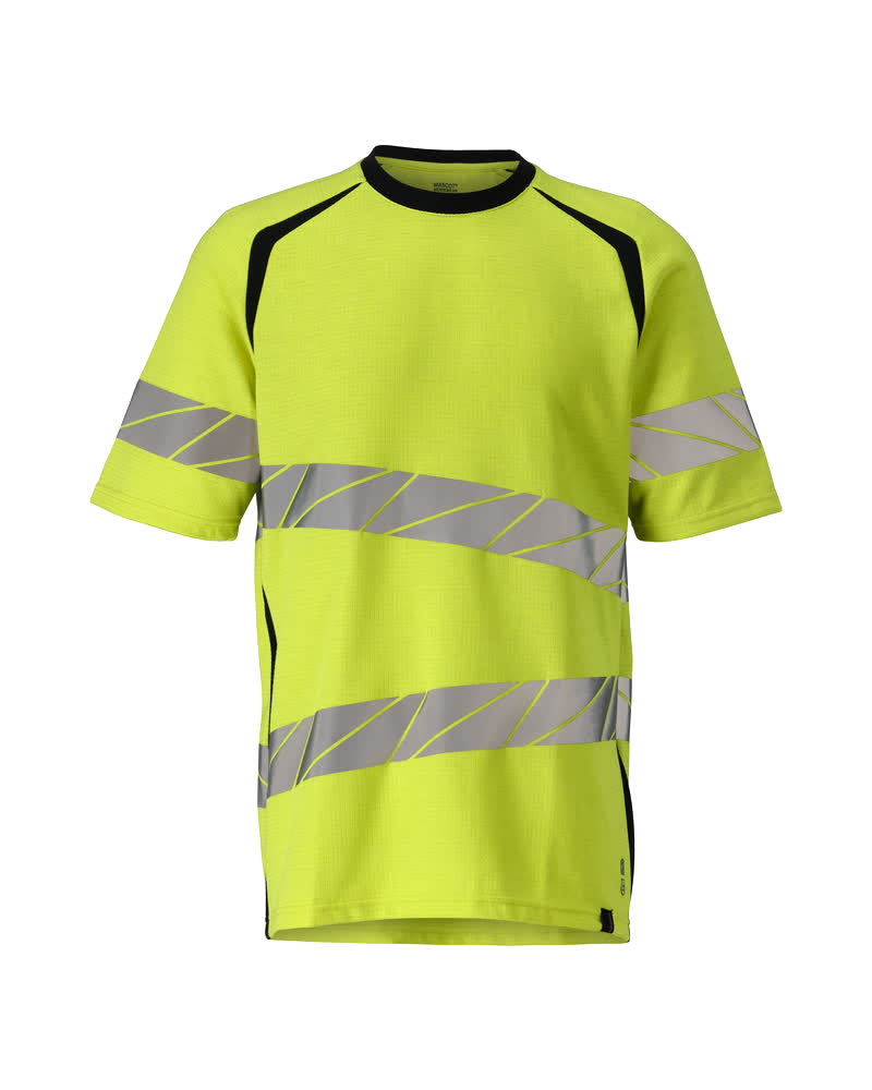 MASCOT® ACCELERATE MULTISAFE T-Shirt in fluoreszierendem Gelb mit schrägen Reflexstreifen, zweifarbig mit Schwarzblau, antistatisch, flammhemmend und UV-schützend für hohe Sichtbarkeit im Arbeitseinsatz