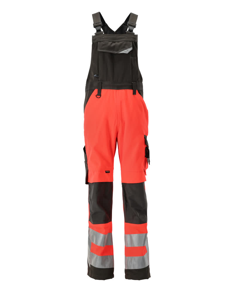 MASCOT® Newcastle SAFE SUPREME Latzhose mit Knietaschen, zweifarbige Warnschutzbekleidung in Hi-Vis Orange/Schwarzblau mit Reflexstreifen, Modell 82C68