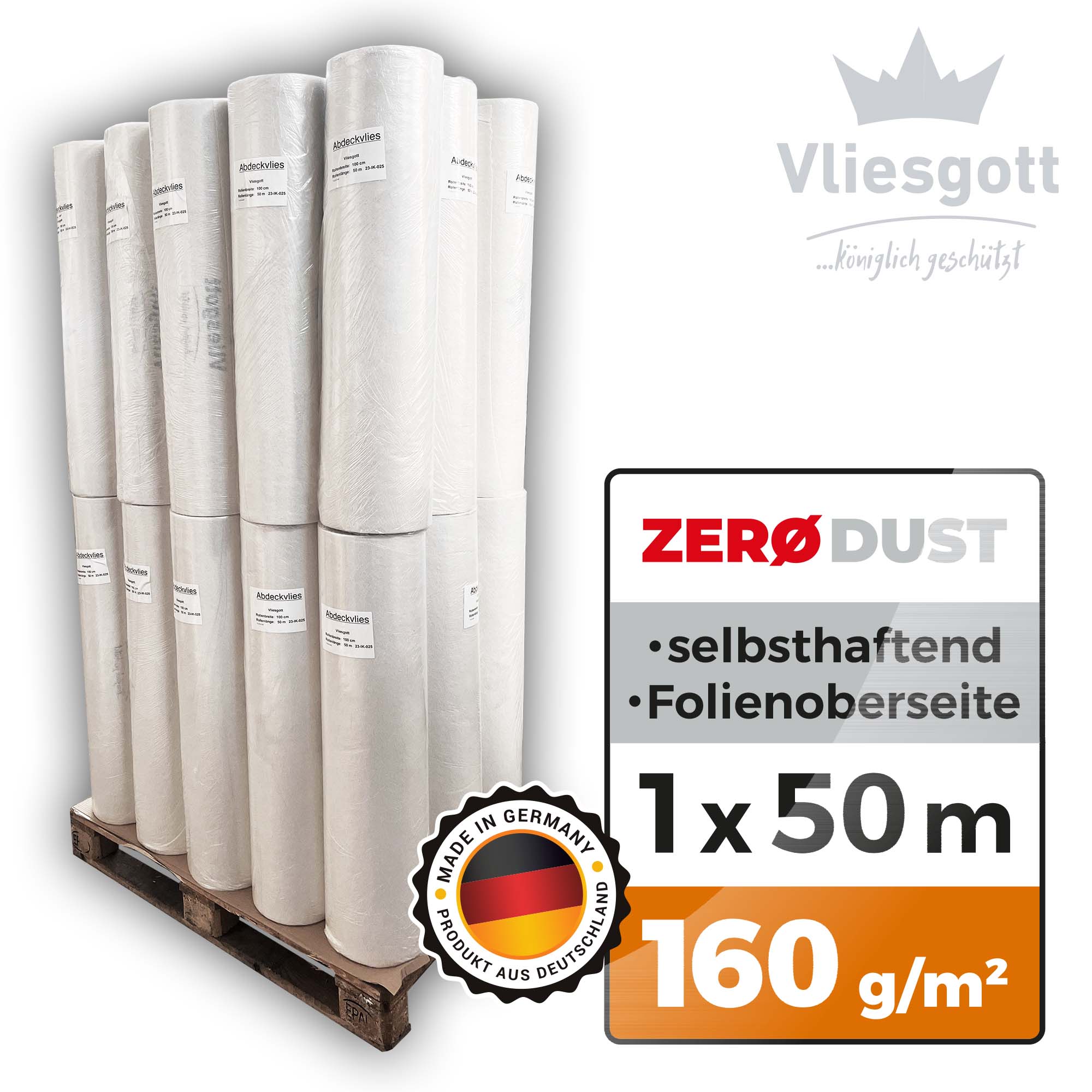 Palette mit BSV selbsthaftendem Boden- und Treppenschutzvlies Vliesgott, Abdeckvlies-Rollen 1,00 x 50 m, 160 g/m², rutschfest, flüssigkeitsdicht, Made in Germany