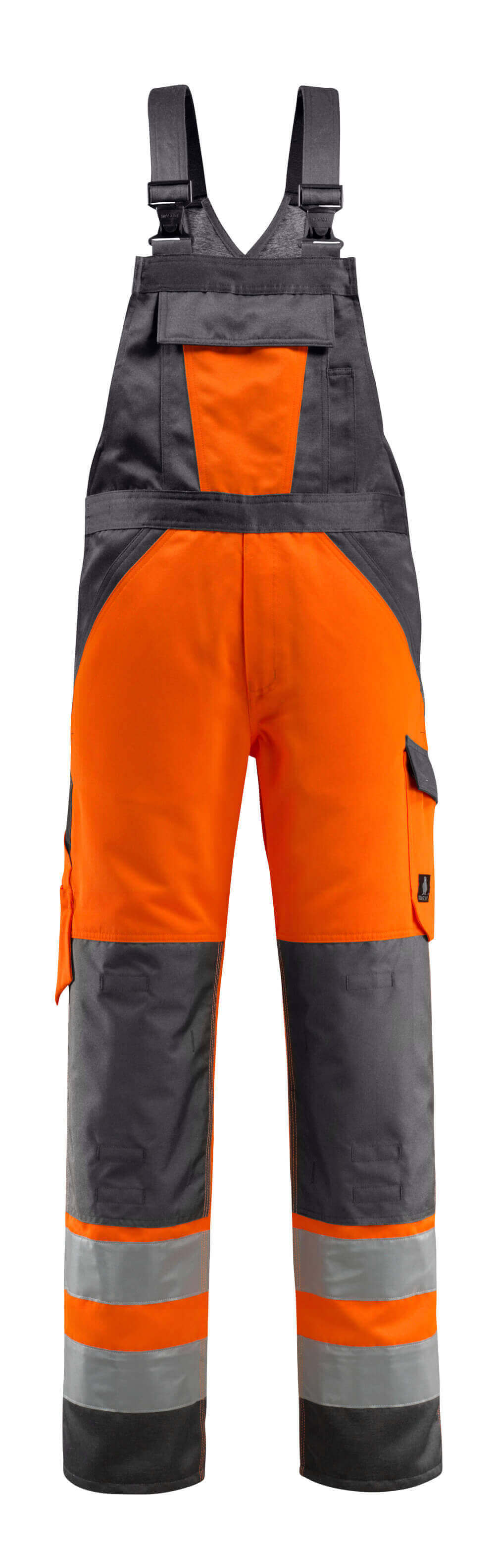 Vorderansicht der MASCOT® Gosford SAFE LIGHT Latzhose mit Knietaschen in Hi-Vis Orange/Dunkelanthrazit, zweifarbige Warnschutzlatzhose mit Reflexstreifen