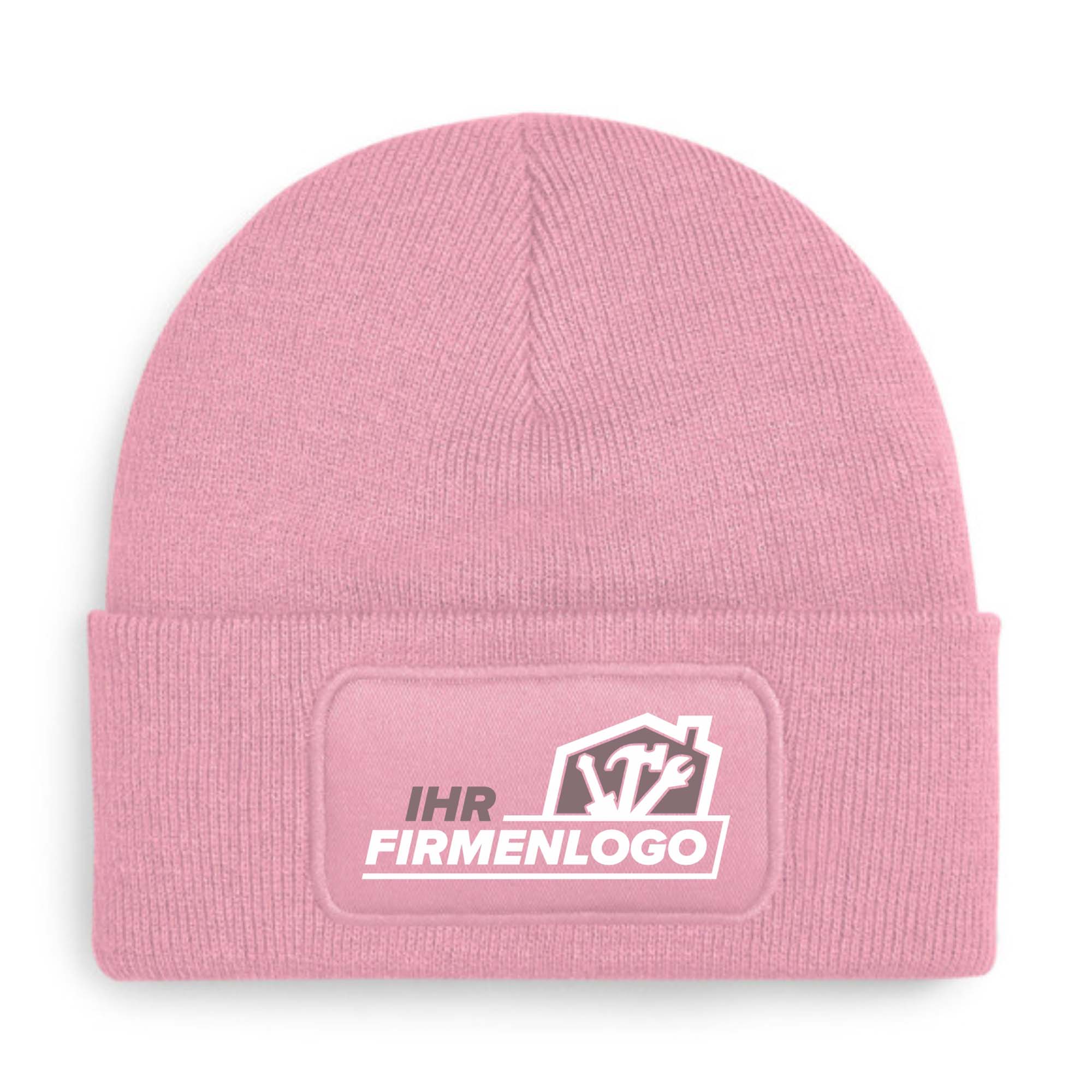 Rosa Handwerker Beanie Wintermütze mit Logo-Patch vorne