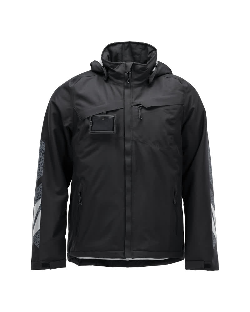 Vorderansicht der schwarzen MASCOT® ACCELERATE Winterjacke in Größe 2XL mit Kapuze, Reißverschluss und Reflektoren an den Ärmeln