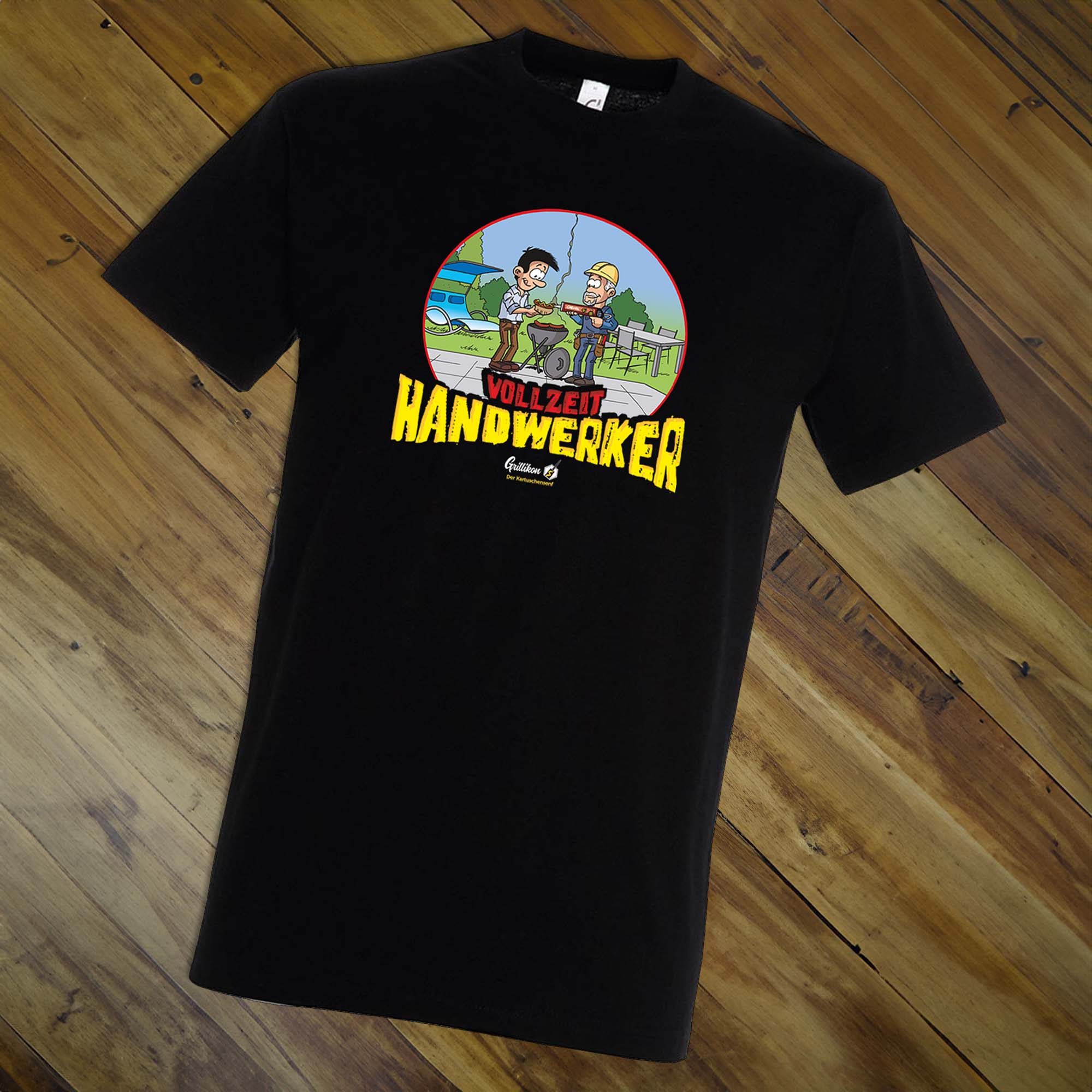 Schwarzes Grillikon T-Shirt mit Aufdruck Vollzeit-Handwerker