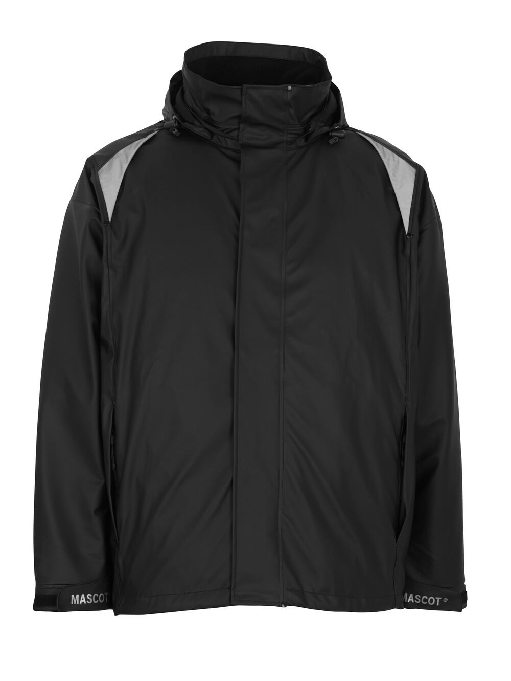 Schwarze MASCOT® Lake AQUA Regenjacke in Größe 2XL, wind- und wasserdicht mit verschweißten Nähten, abnehmbarer Kapuze und reflektierenden Einsätzen