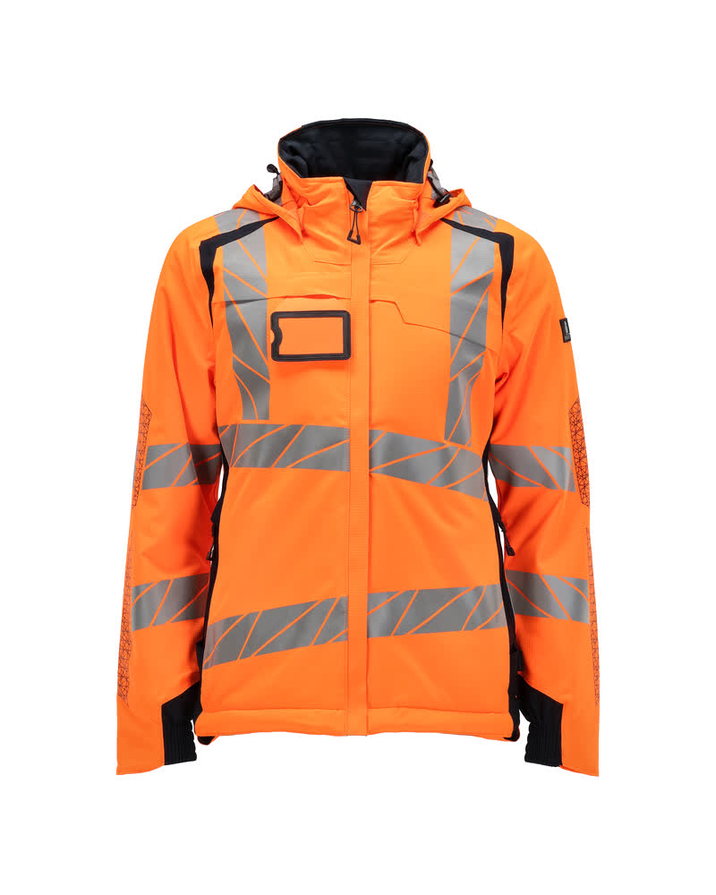 MASCOT® ACCELERATE SAFE zweifarbige Damen-Winterjacke in Hi-Vis Orange/Schwarzblau mit Reflexstreifen, abnehmbarer Kapuze und CLIMASCOT® Isolierung, frontale Ansicht