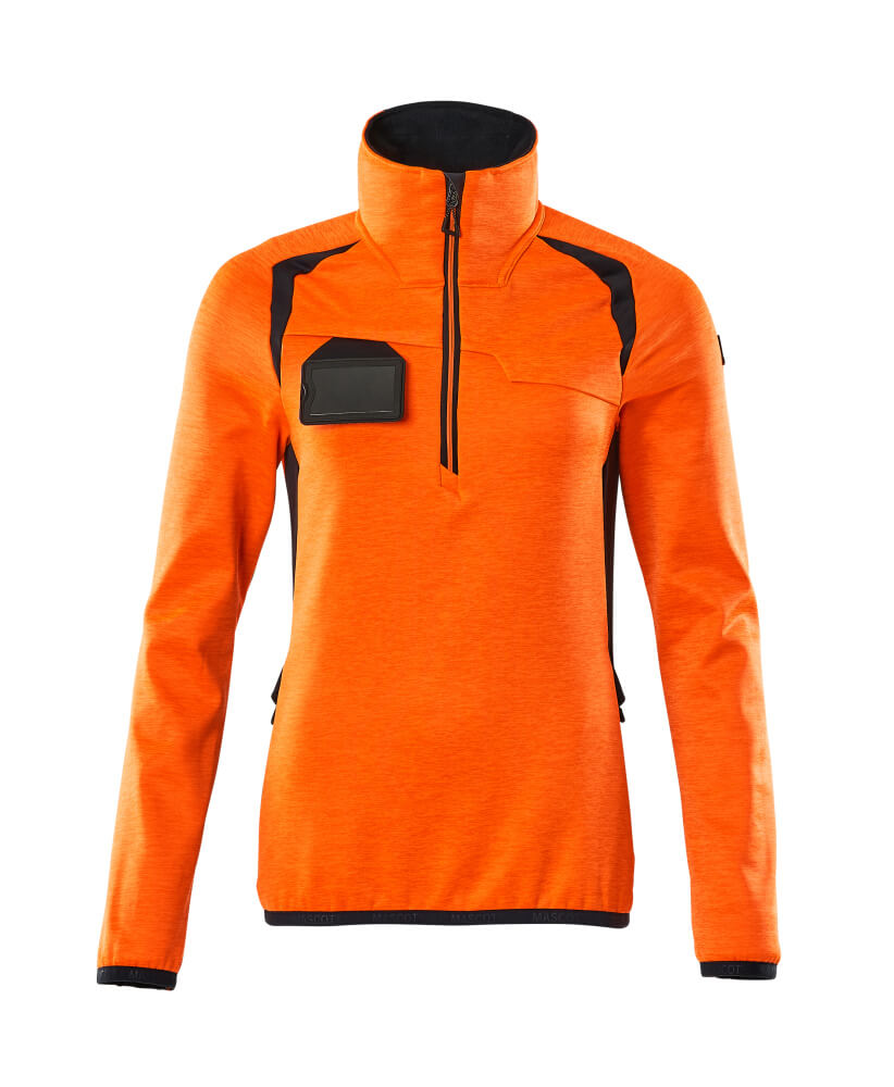 MASCOT® ACCELERATE SAFE Damen-Fleecejacke mit kurzem Reißverschluss in Hi-Vis Orange/Schwarzblau, taillierter Schnitt, Stehkragen, ID-Kartenhalter und Reflexeffekten
