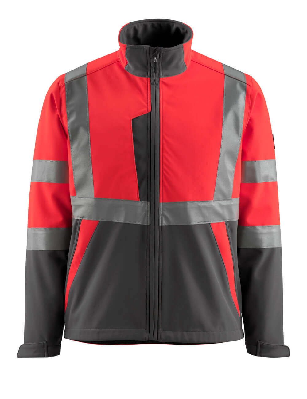 Frontansicht der MASCOT® Kiama SAFE LIGHT Softshelljacke, zweifarbige Winterwarnschutzjacke in Hi-Vis Rot/Dunkelanthrazit mit umlaufenden Reflexstreifen in Größe 2XL