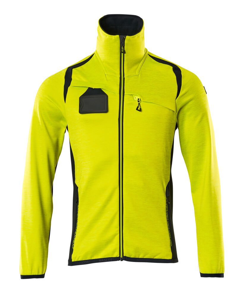 MASCOT® ACCELERATE SAFE Fleecejacke in zweifarbiger Warnschutz-Ausführung, Hi-Vis Gelb/Schwarzblau, Größe 2XL, Frontansicht mit Reißverschluss und Brusttasche