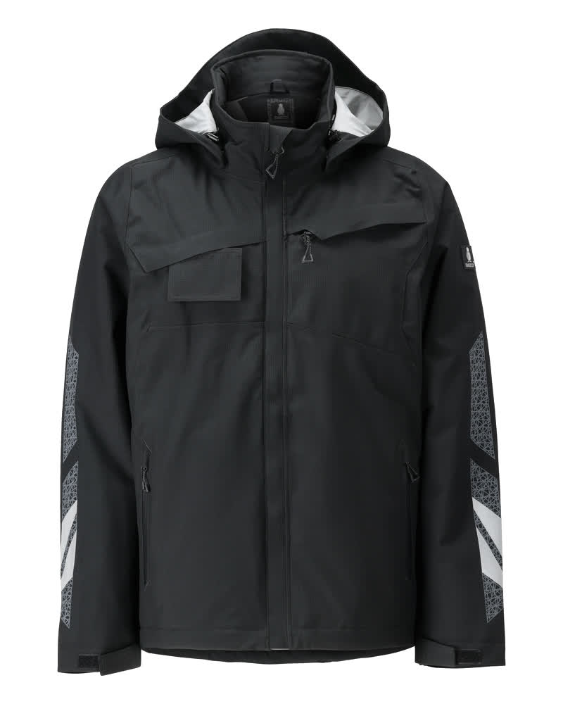 Schwarze MASCOT® ACCELERATE Winterjacke in Größe 2XL mit Kapuze und reflektierenden Details, ideal als warme Arbeits- und Winterjacke