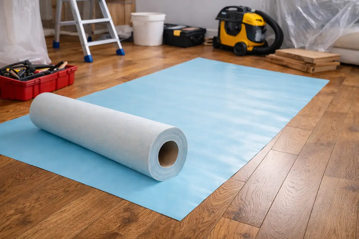 Ausgerollte blaue Trittschalldämmung auf Holzfußboden in einem Raum mit Werkzeugkiste, Leiter und Staubsauger beim Bodenverlegen