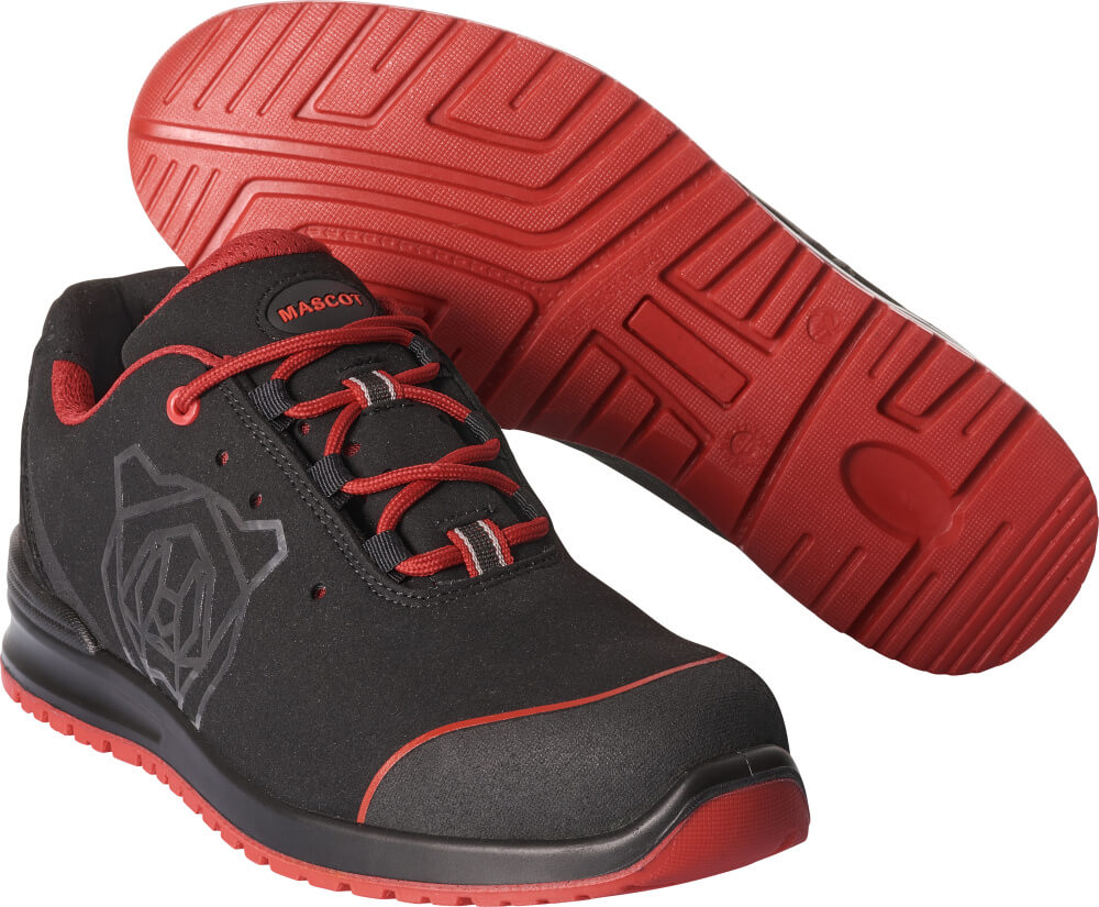 MASCOT® FOOTWEAR CLASSIC Sicherheitsschuhe in Schwarz/Hellorange, Größe 44, mit rutschhemmender roter Sohle und Schutzkappe