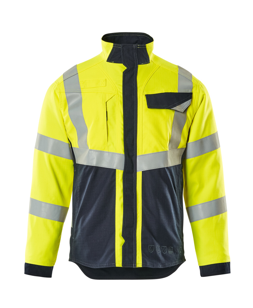 Vorderansicht der MASCOT® Biel MULTISAFE Jacke in fluoreszierend Gelb/Schwarzblau mit Reflexstreifen, Stehkragen, verlängertem Rückenteil und Brusttaschen, antistatisch, flammhemmend und mit Säureschutz