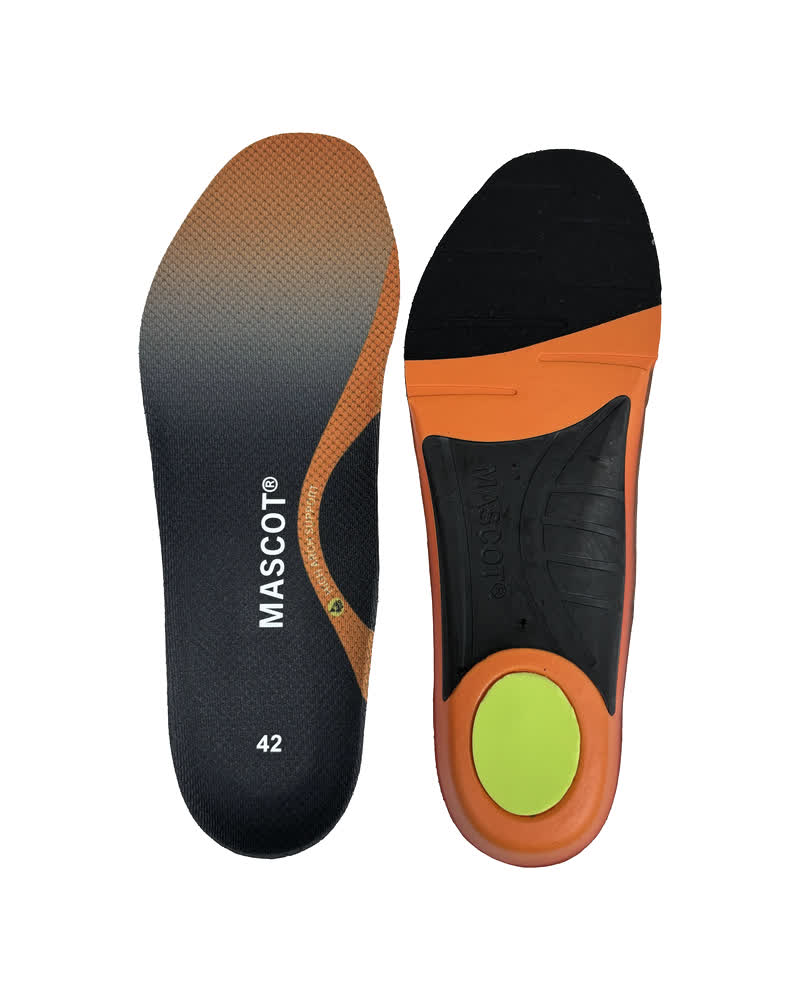 MASCOT® FOOTWEAR ACCESSORIES Einlegesohlen in Schwarz-Orange mit stoßdämpfender Fersenpolsterung, atmungsaktiv und mit Fußgewölbestütze für hohes Fußgewölbe