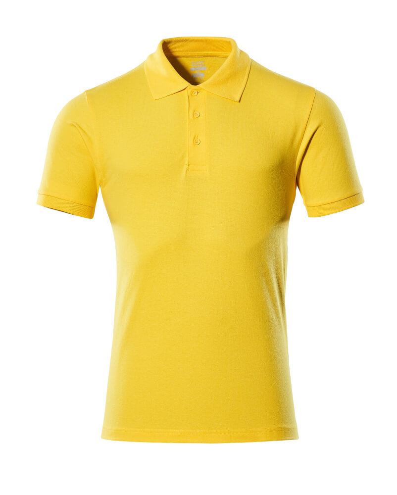 Produktfoto eines gelben Herren-Poloshirts mit Kragen, kurzer Knopfleiste und kurzen Ärmeln, frontal freigestellt